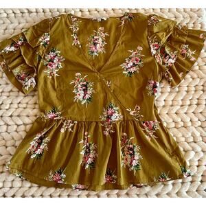 Madewell Corsage Floral Peplum Top V Neck Ruffle Sleeve Cotton Sz M